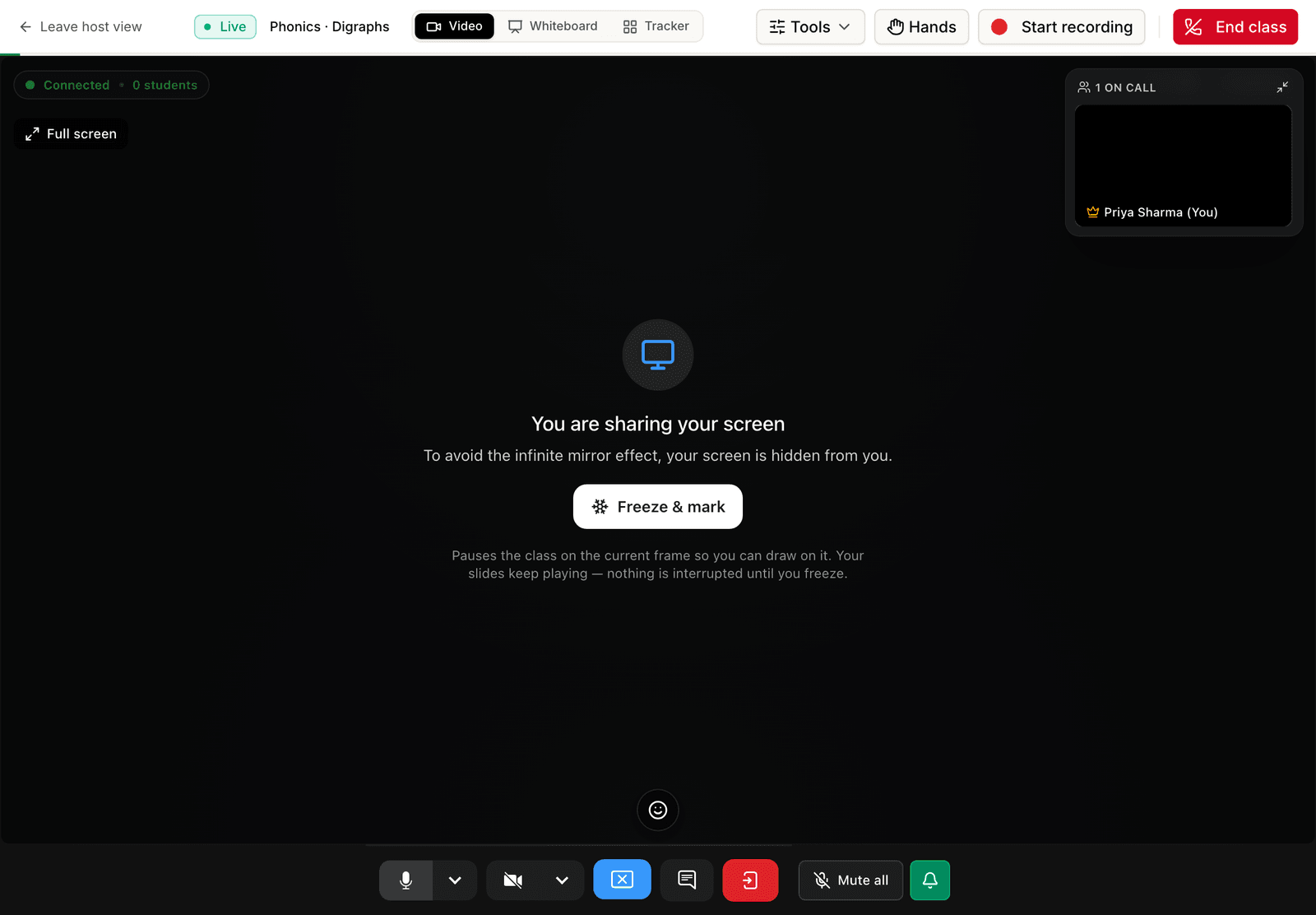 The live class stage while the teacher is sharing their screen, showing the panel that reads 'You are sharing your screen' with a Freeze and mark button beneath it.