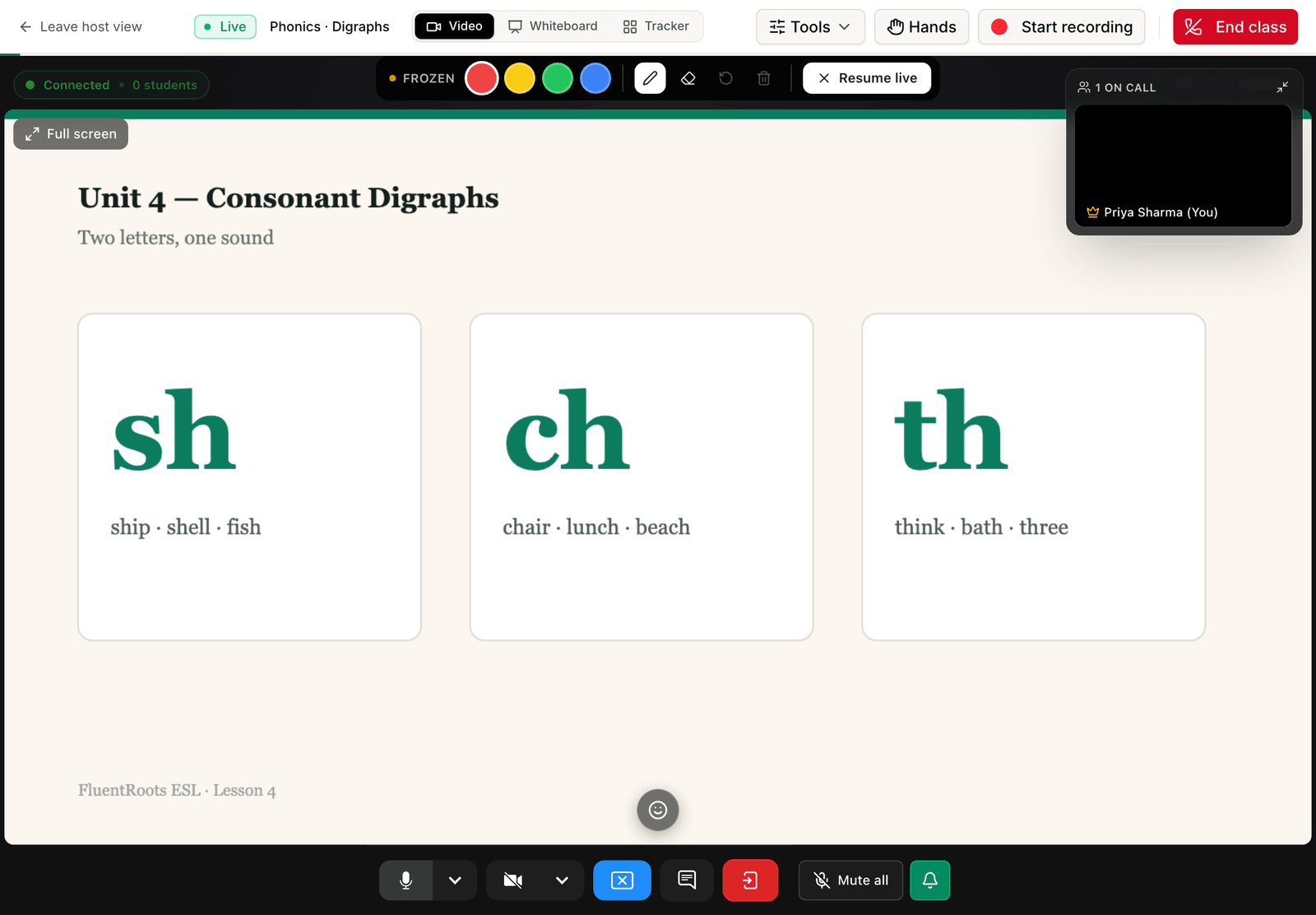 A phonics slide about consonant digraphs held frozen on the class stage, with an annotation toolbar above it showing a FROZEN label, four ink colors, pen, eraser, undo, clear and a Resume live button.