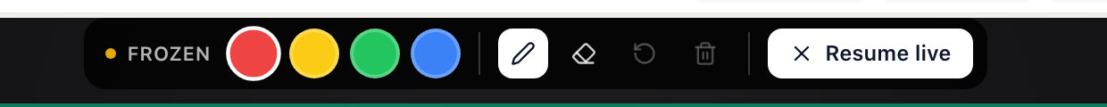 Close-up of the annotation toolbar: a FROZEN indicator, red, yellow, green and blue ink swatches, then pen, eraser, undo and clear icons, and a Resume live button.
