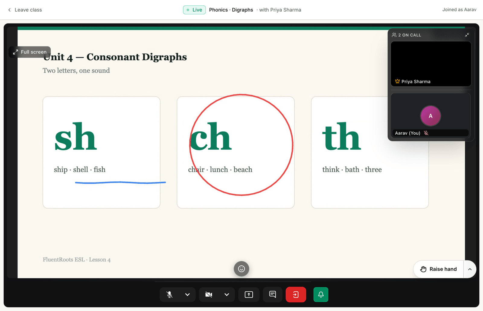 The same live class viewed from a student's browser, showing the frozen phonics slide with the teacher's red circle and blue underline on it.