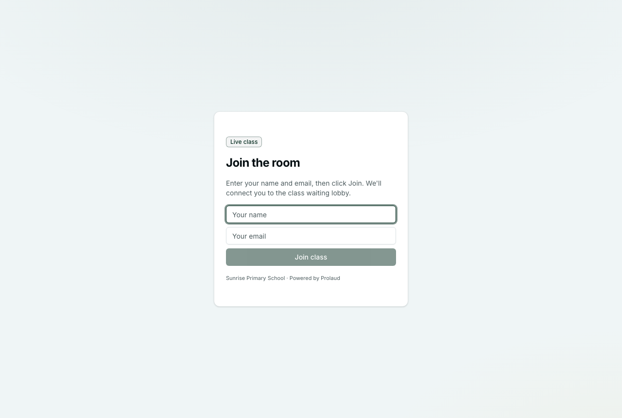 The join screen: a name and email field and a Join class button