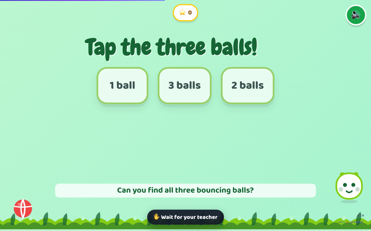 A counting slide with the answer tiles dimmed and a Wait for your teacher notice