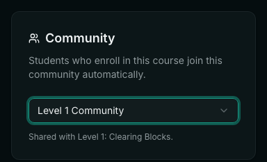 The Community card on a course page with Level 1 Community chosen, and a line reading Shared with Level 1: Clearing Blocks.
