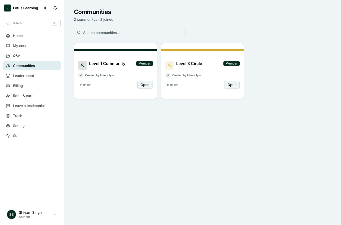 The student's Communities page after enrolling in an advanced programme: Level 1 Community and Level 3 Circle, 2 communities, 2 joined.