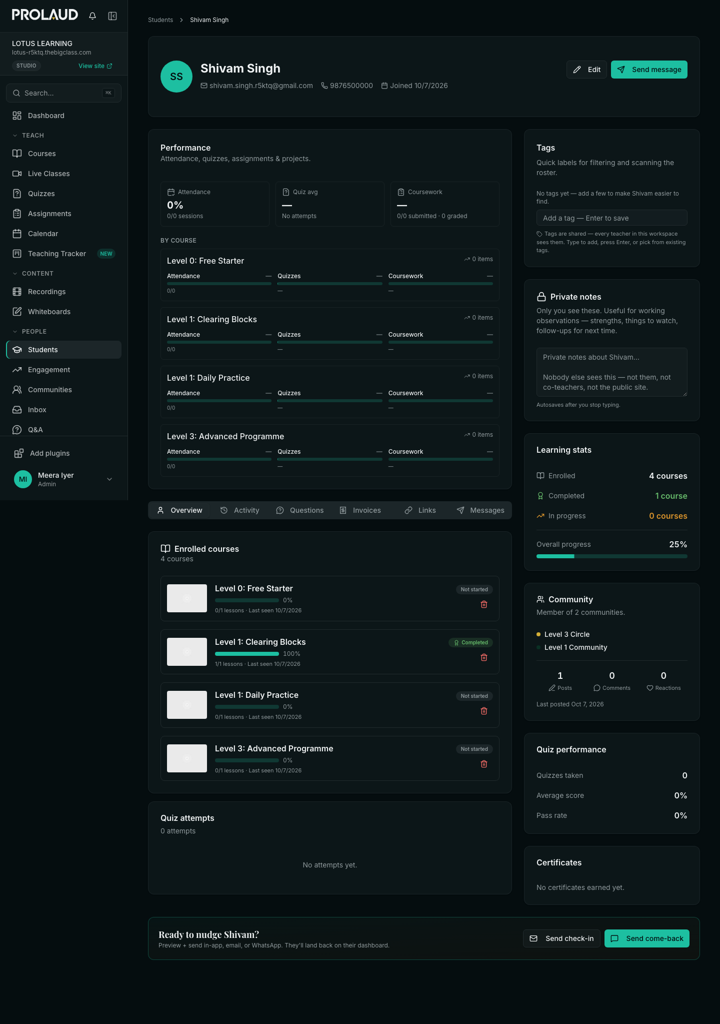 A student's profile showing four enrolled courses with progress, a Community card listing two communities with 1 post, and learning stats.