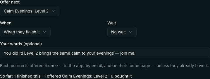 So far: 1 finished this · 1 offered Calm Evenings: Level 2 · 0 bought it