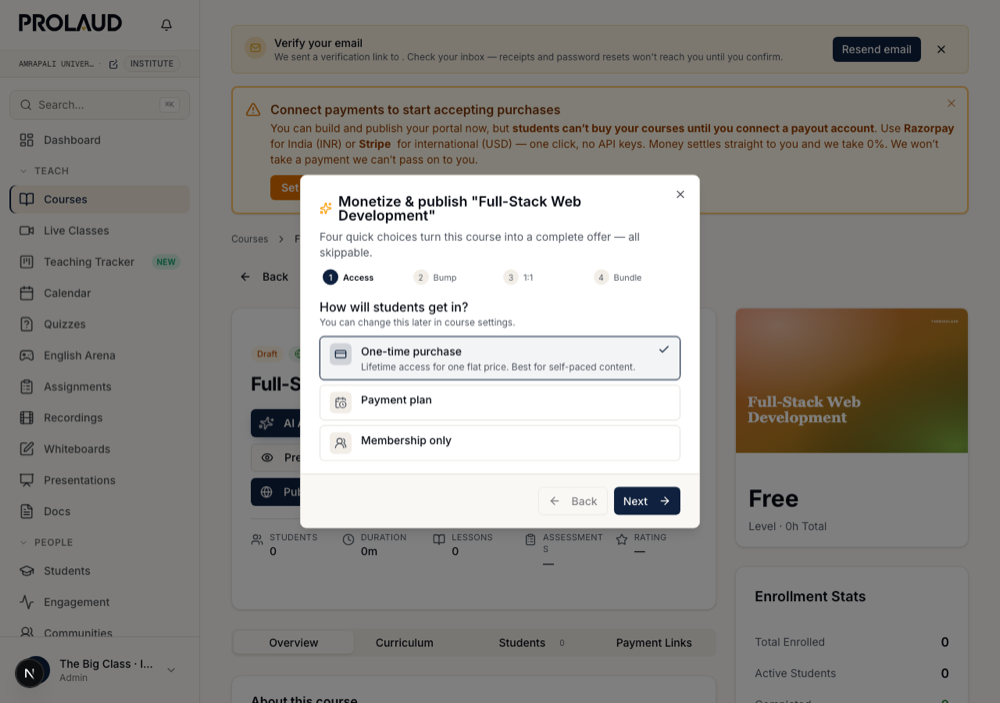The Monetize wizard asking how students get in, with One-time purchase, Payment plan and Membership only.