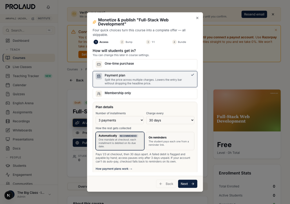 Plan details: number of installments, charge every, and a choice between Automatically (recommended) and On reminders.