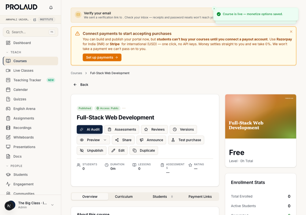 The course page after publishing, now live.