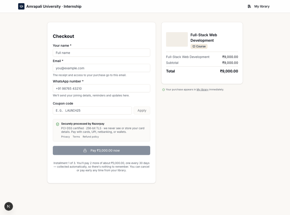 Checkout showing Pay 3,000 now, with a note explaining installment 1 of 3 and that the rest is collected automatically.
