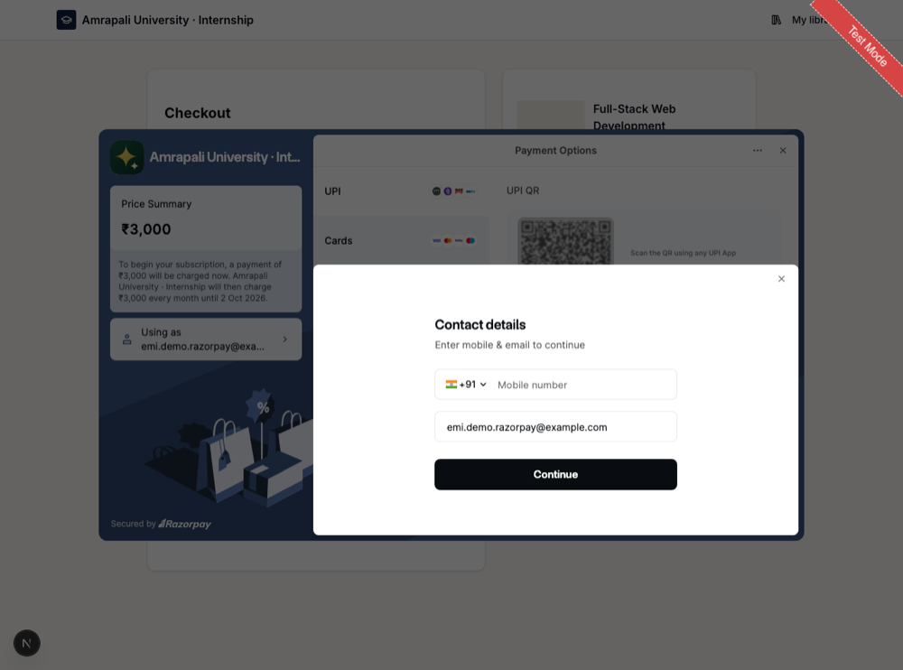 Razorpay checkout showing a price summary: a payment of 3,000 now, then 3,000 every month until 2 Oct 2026.