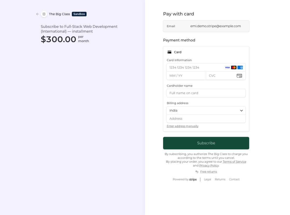 Stripe hosted checkout showing Subscribe to Full-Stack Web Development at 300.00 per month.