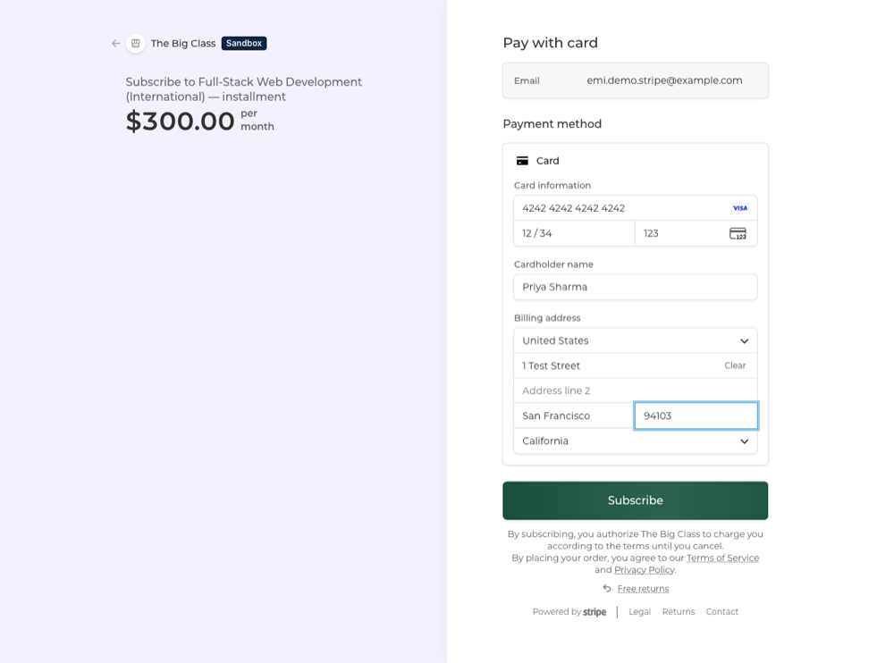 Stripe checkout with card details and a billing address filled in, and a Subscribe button.