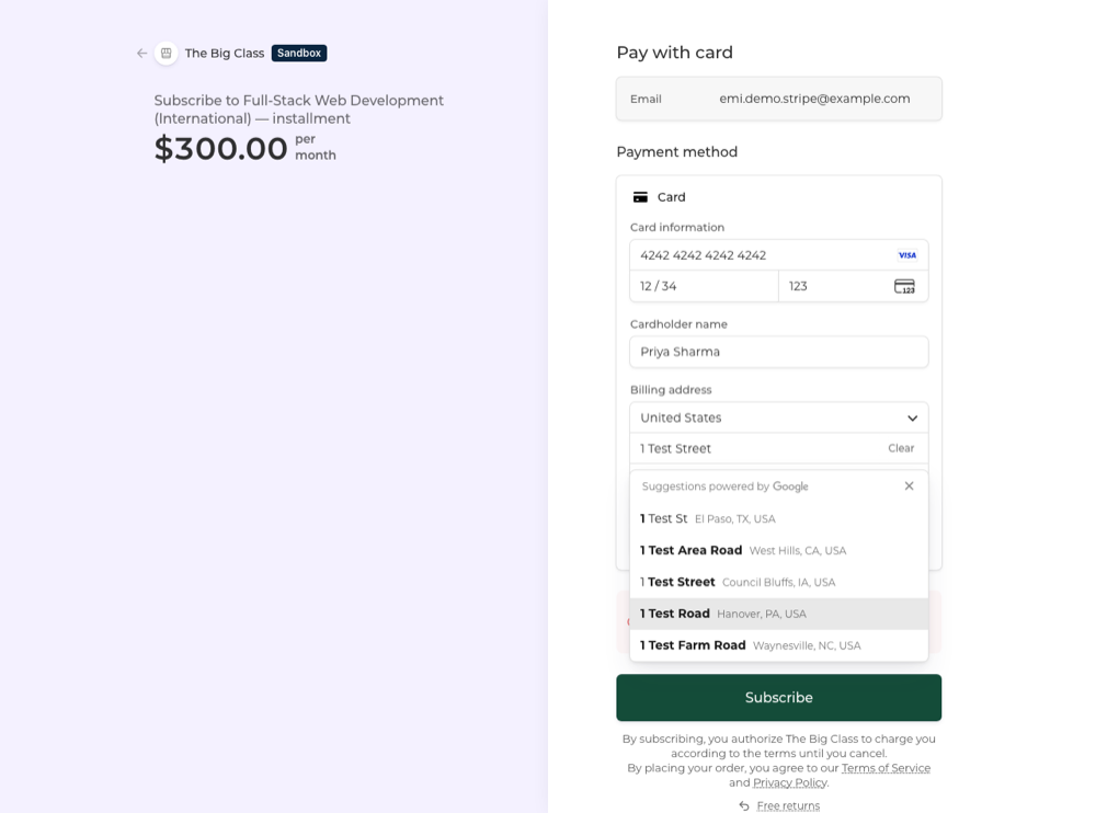 The post-purchase page after returning from Stripe.