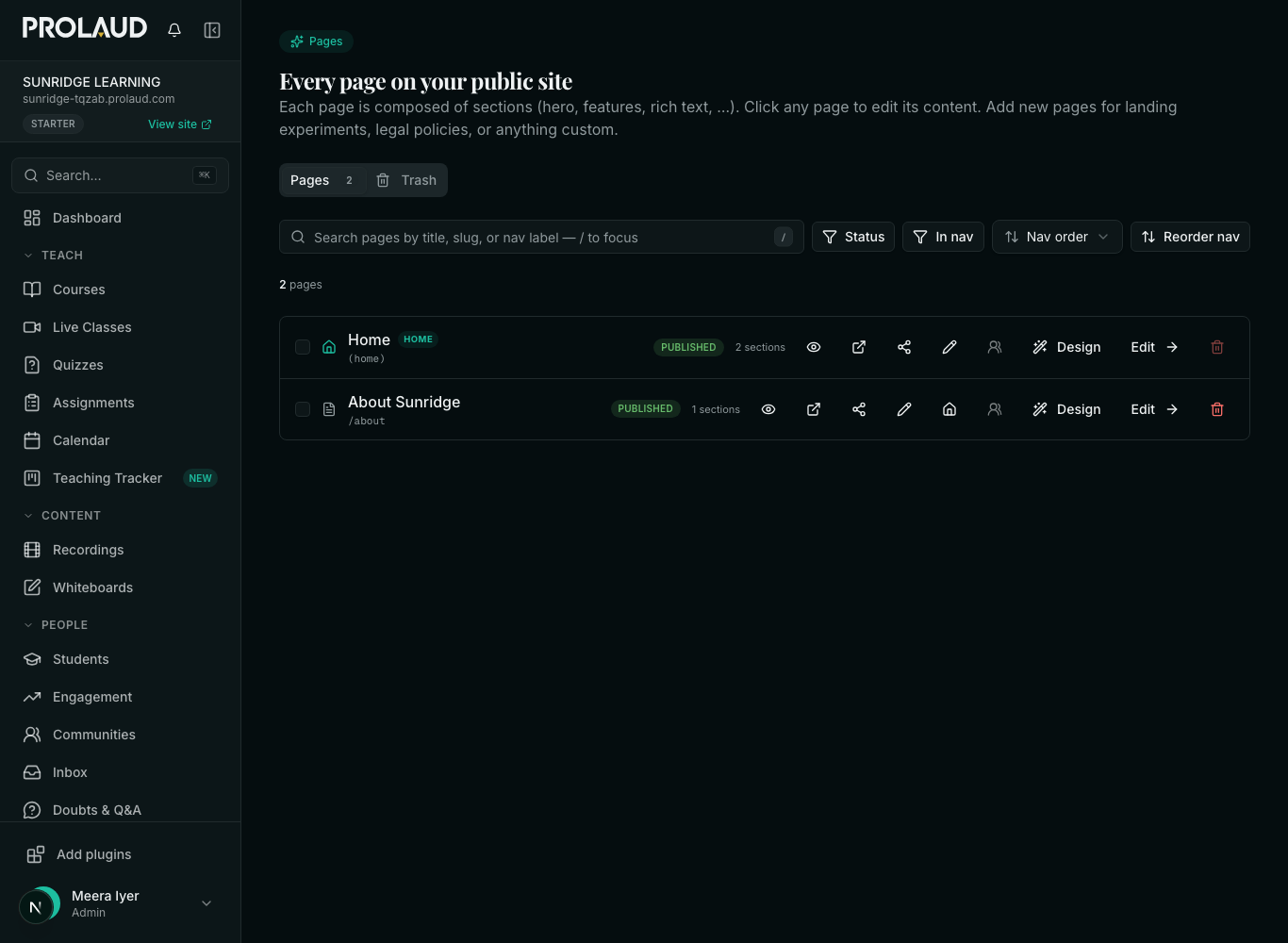 The Pages screen under Public Site, listing a Home page and an About page, each with an Edit button.