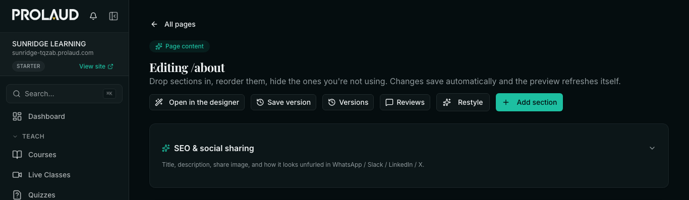 The page editor for /about, with the sidebar on the left and the SEO & social sharing card sitting below the page's action buttons.
