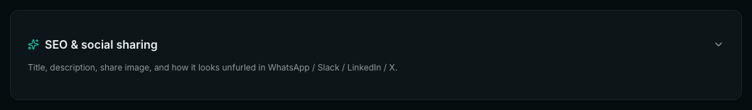 The SEO & social sharing card on a page editor, collapsed — a title, a one-line summary and a chevron, with no fields visible.
