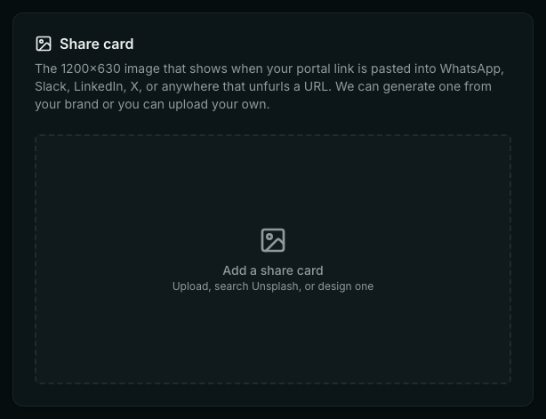 The Share card panel on Site settings, with an empty drop area reading 'Add a share card — upload, search Unsplash, or design one'.