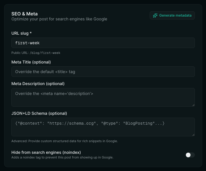 A blog post's SEO & Meta card: URL slug, meta title, meta description, a JSON+LD schema box, a noindex switch, and a Generate metadata button.