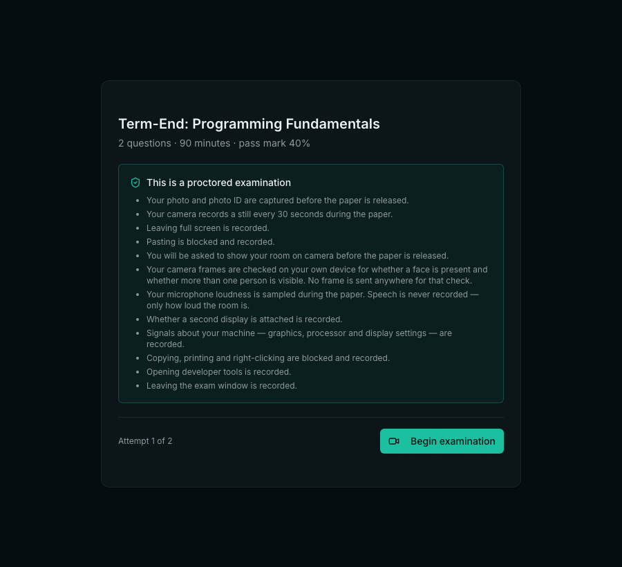 The examination intro screen listing everything that will be recorded: photo and photo ID captured before release, a webcam still every 30 seconds, leaving full screen recorded, pasting blocked and recorded, a room scan before the paper, on-device face checks, microphone loudness sampled with speech never recorded, second-display detection, machine signals, copying and printing blocked, developer tools recorded, and leaving the exam window recorded.