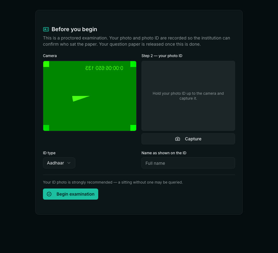 Step two of identity capture: the camera preview beside the captured ID image, a Retake button, an ID type dropdown set to Aadhaar, a field for the name as shown on the ID, and a Begin examination button with the note 'Both images captured'.