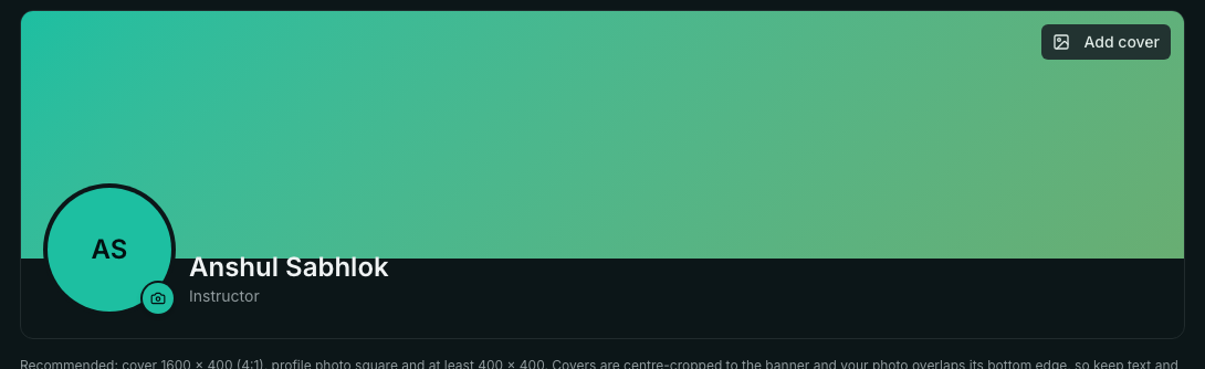 The Photo and cover card on the Profile page. It shows a green gradient banner with an Add cover button in the top-right corner, and the teacher's initials and name below it.