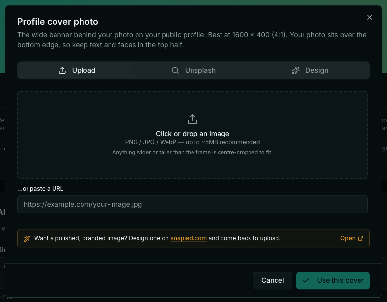 The Profile cover photo dialog with Upload, Unsplash and Design tabs. The upload area is a wide dashed frame, and the recommended size is 1600 by 400.