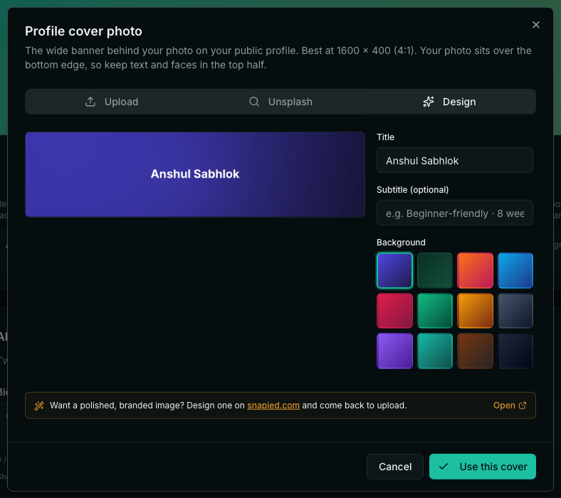 The Design tab. A wide purple gradient banner shows the teacher's name, with Title and Subtitle fields and twelve background colors to the right.