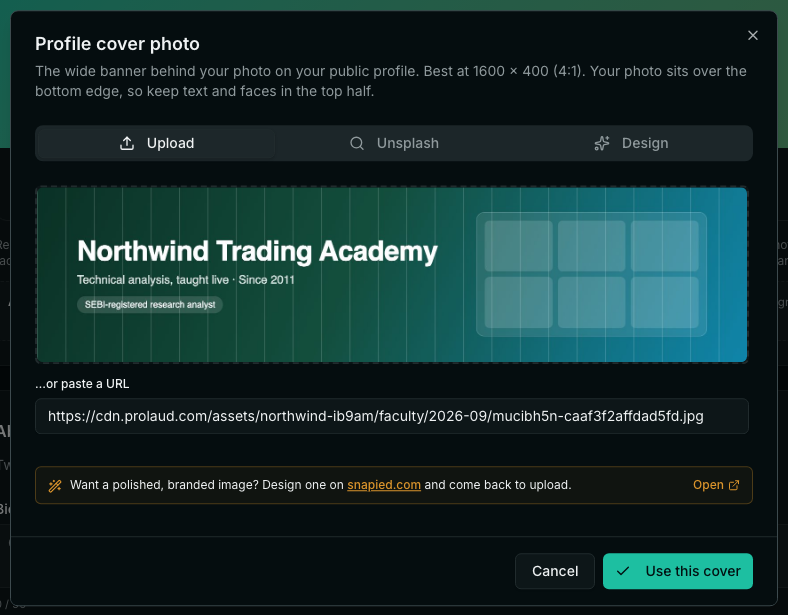 The Profile cover photo dialog after a 1600 by 500 banner was uploaded. The whole banner is visible, including the academy name on the left and the chart panel on the right.