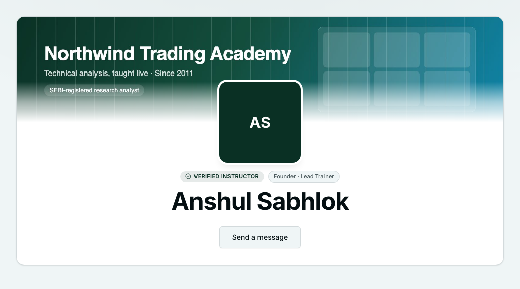 The public teacher profile. The uploaded banner runs across the top of the card, the teacher's photo is centered over its lower edge, and the name and a Send a message button are below.