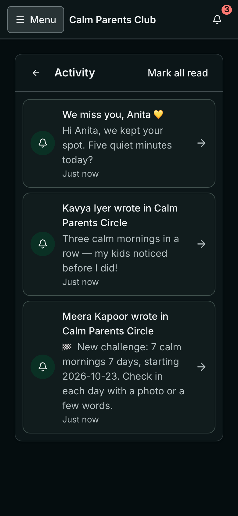 A member's Activity on a phone: We miss you, Anita — Hi Anita, we kept your spot. Five quiet minutes today?