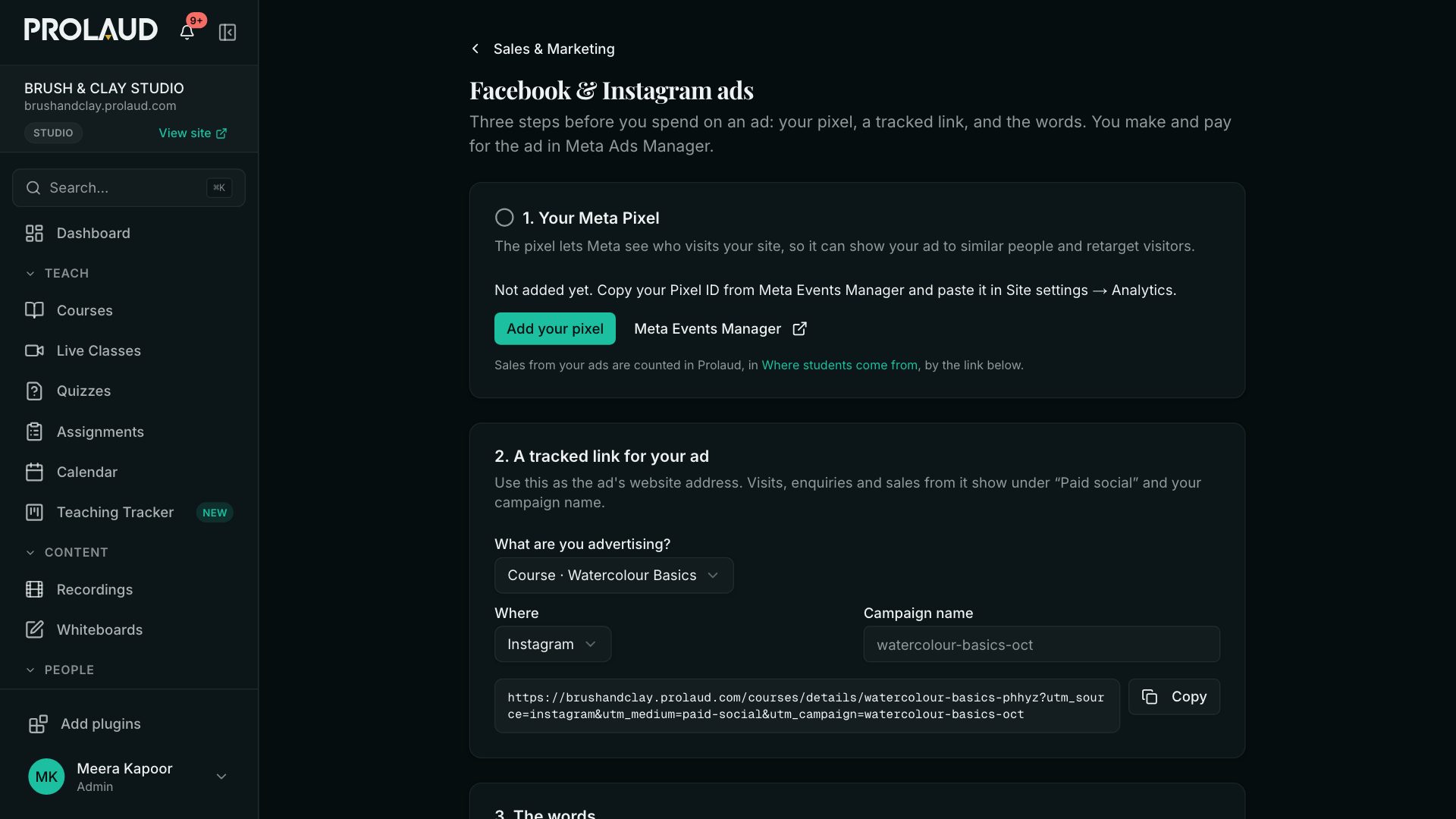 The ads helper: step 1 your Meta Pixel, step 2 a tracked link for your ad, step 3 the words