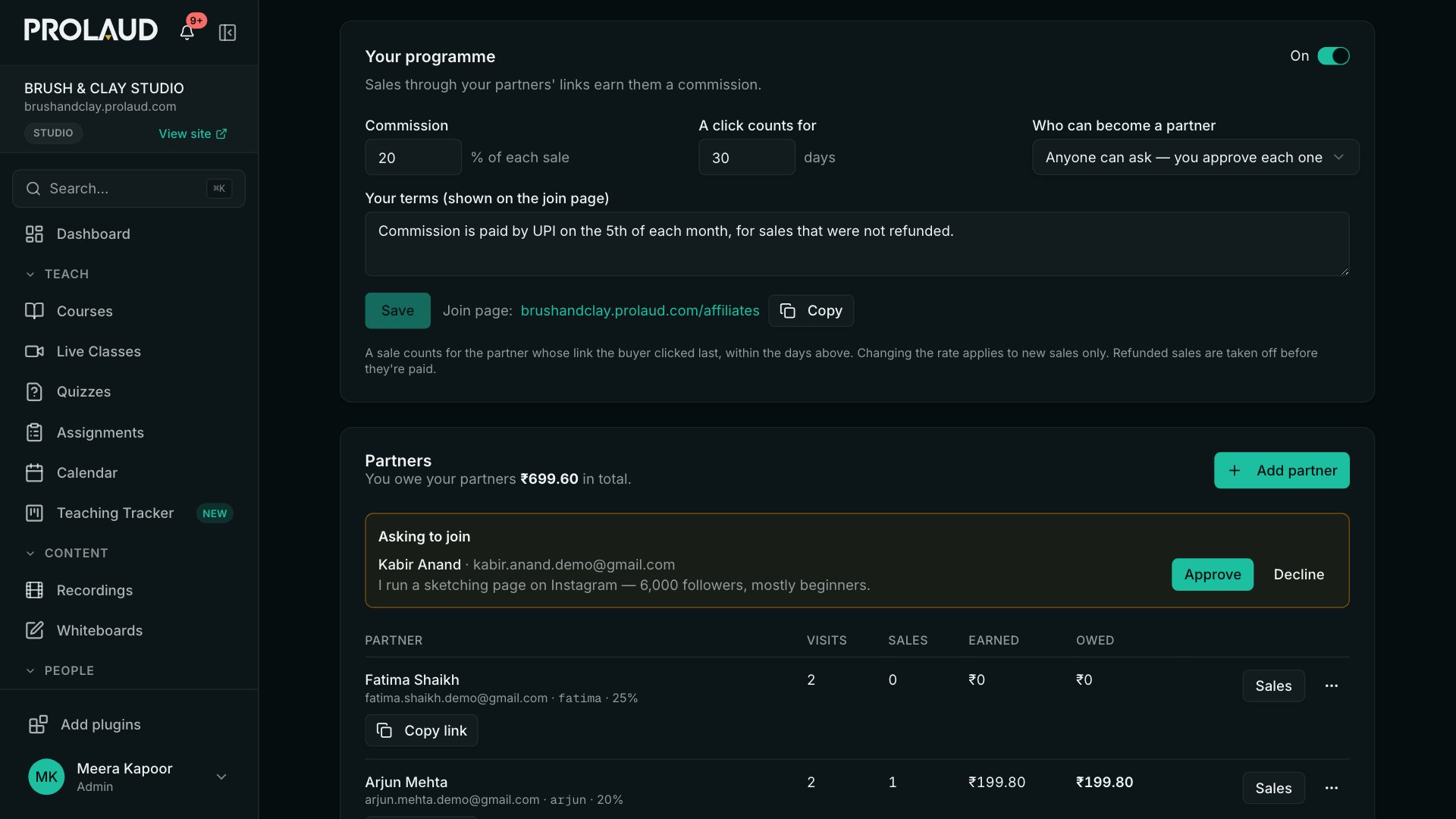 The Affiliate programme page: the programme settings, then the list of partners with visits, sales, earned and owed