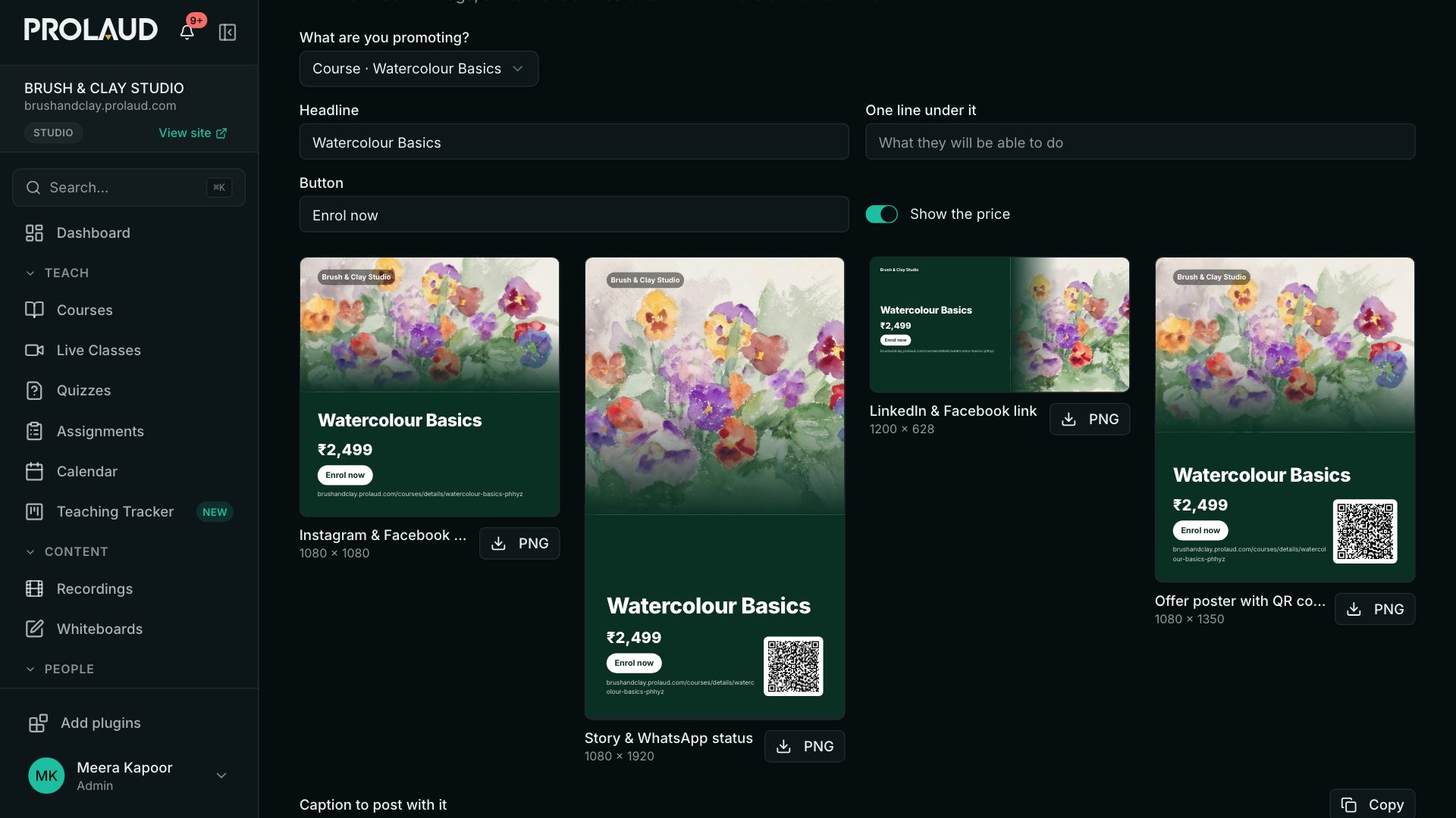 Marketing creatives: the course picker, headline and button fields, and four designs side by side