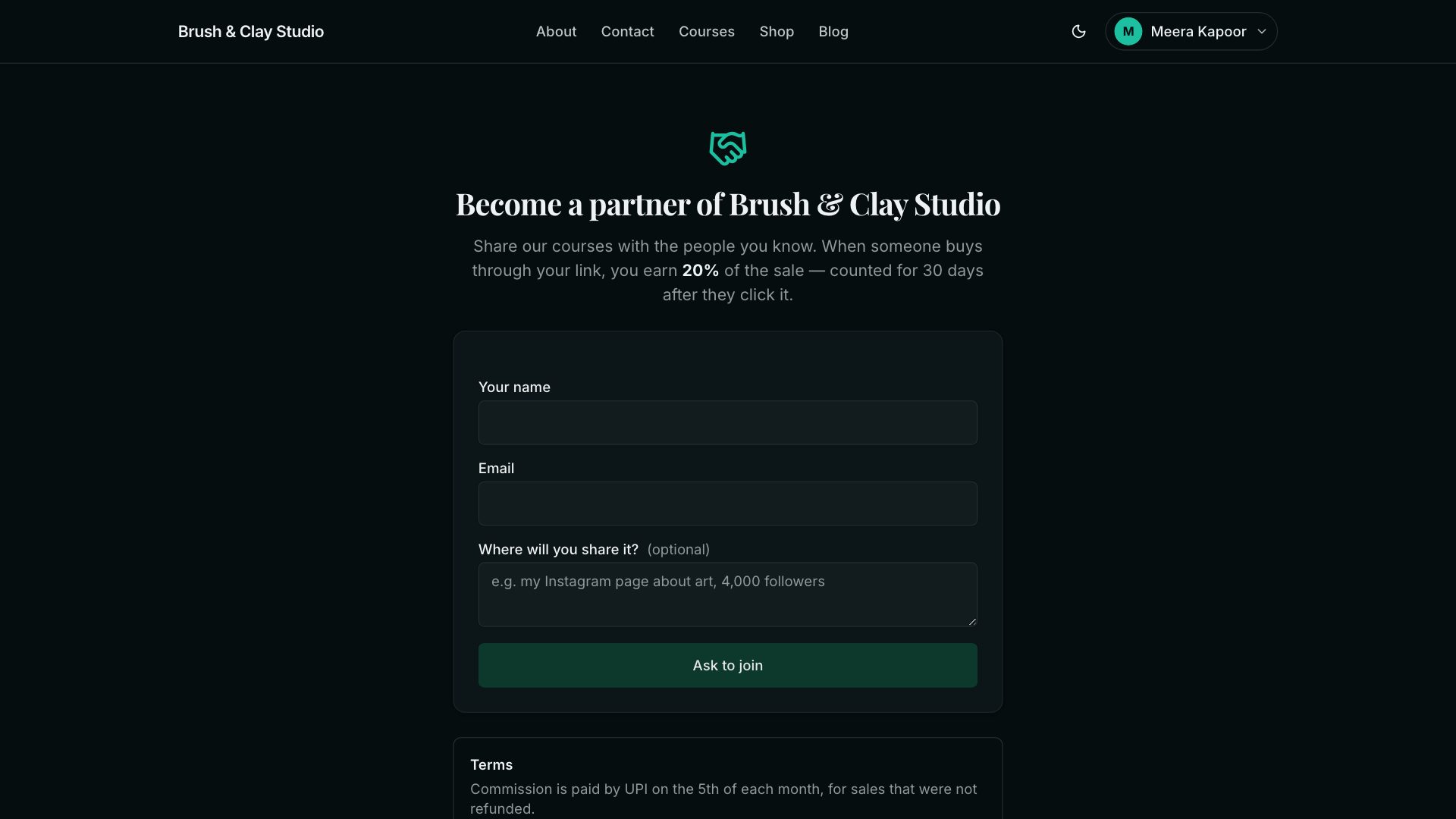 The Become a partner page on the academy's site, with the commission and a short form