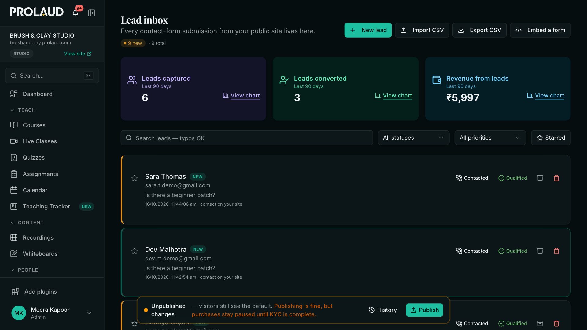 The Lead inbox with three cards: leads captured, leads converted and revenue from leads