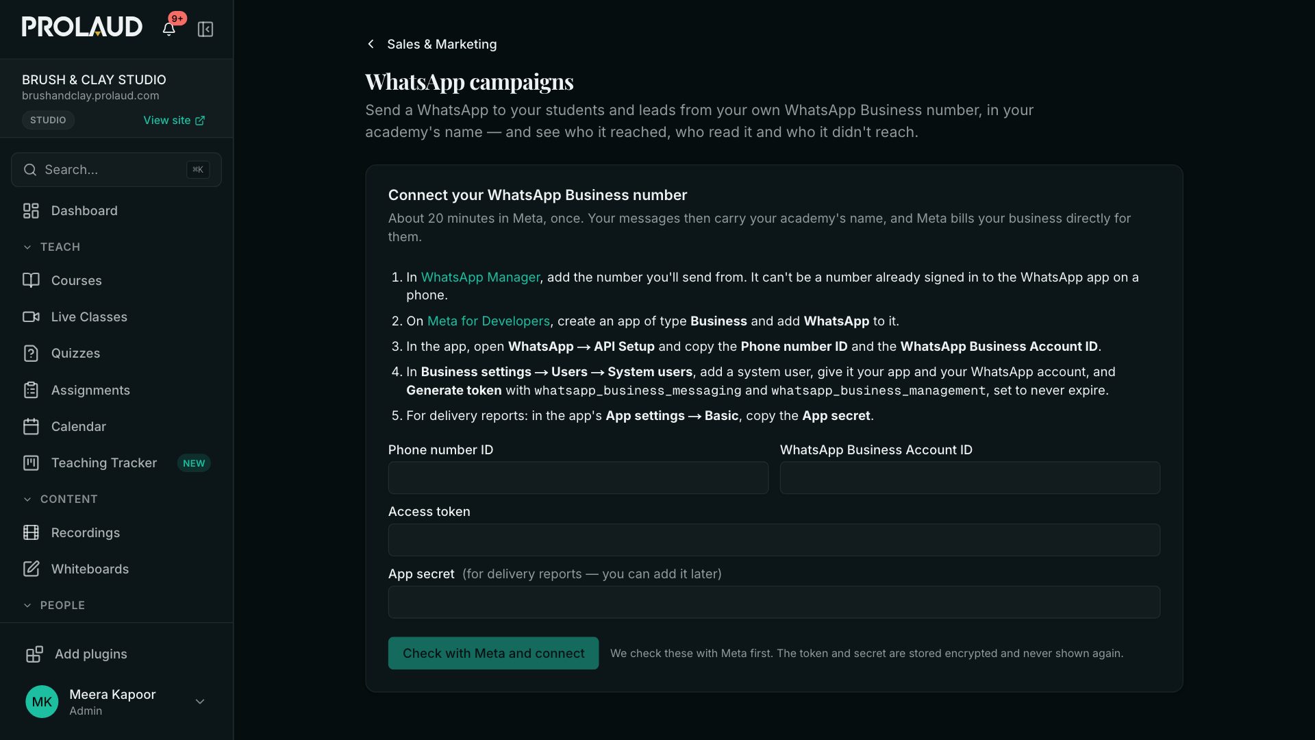 Connect your WhatsApp Business number: five steps in Meta, then the phone number ID, the WhatsApp Business Account ID, the access token and the app secret