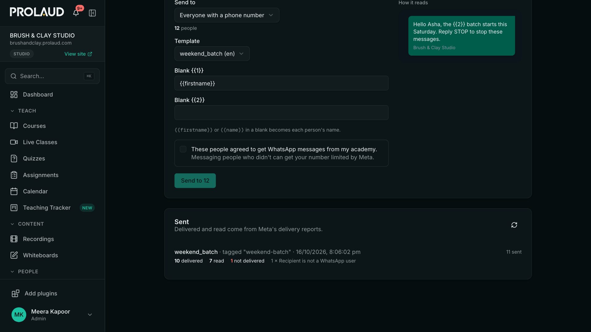 A sent campaign: how many were delivered, read and not delivered, with Meta's reason