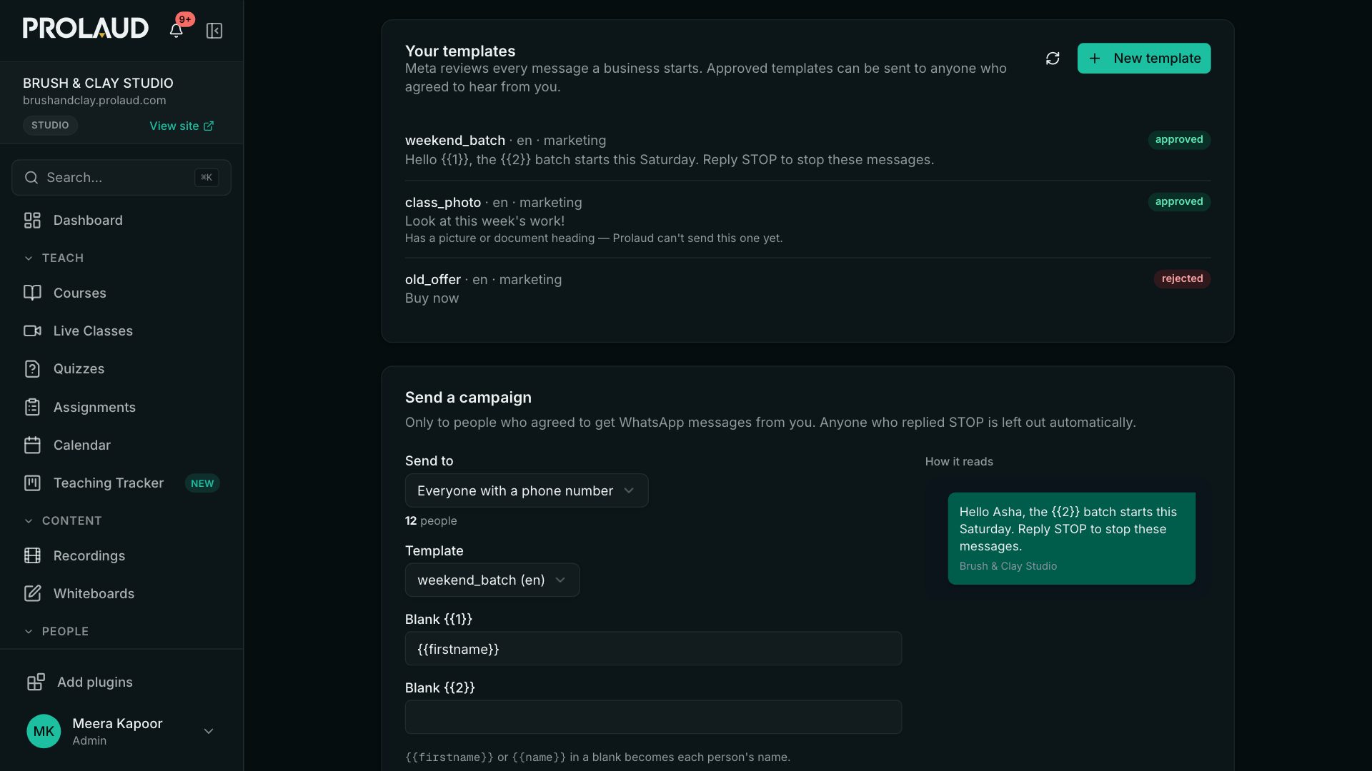 Your templates: each with its language, kind and whether Meta approved or rejected it