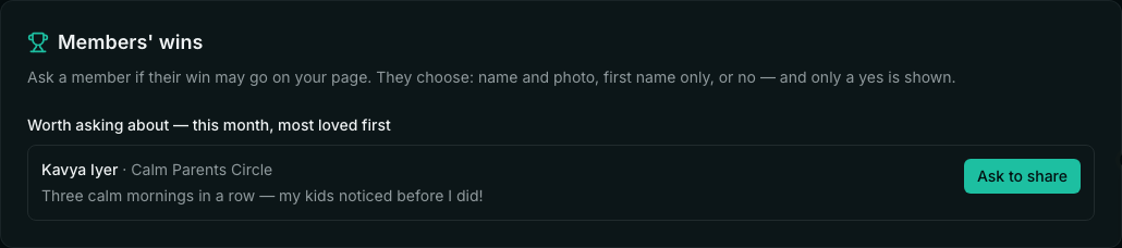 Members' wins on the Testimonials page: Worth asking about — this month, most loved first: Kavya Iyer, Three calm mornings in a row — my kids noticed before I did!, Ask to share