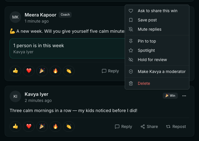 A member's win post with its menu open: Ask to share this win, Save post, Mute replies, Pin to top