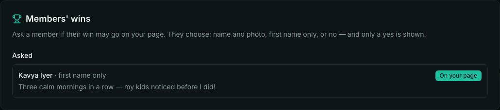 Members' wins, Asked: Kavya Iyer · first name only — On your page