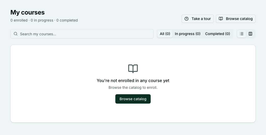 An empty My courses page: 0 enrolled, and the message You're not enrolled in any course yet with a Browse catalog button.