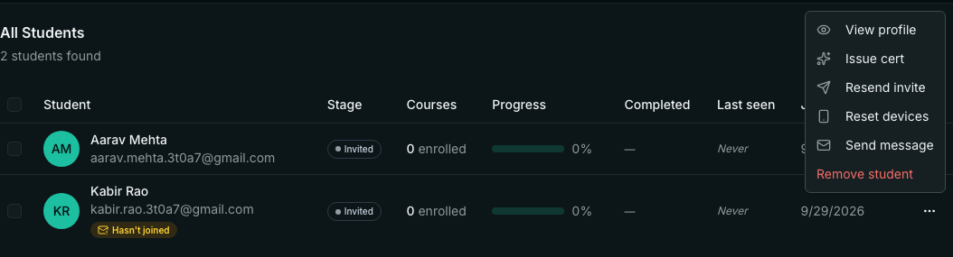 The row menu for a student tagged Hasn't joined, with View profile, Issue cert, Resend invite, Reset devices, Send message and Remove student.