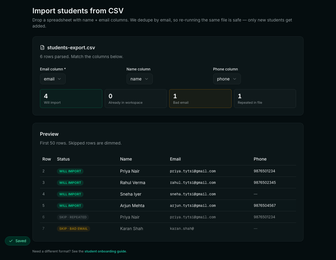 The Import students from CSV page with a file of six rows. Four are marked Will import, one Skip because it is repeated in the file, and one Skip because the email address is invalid.