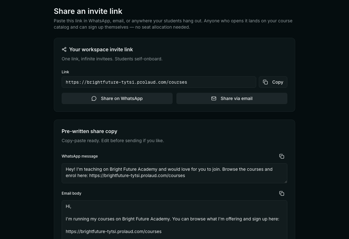 The Share an invite link page showing the academy's link, buttons to share it on WhatsApp or by email, and pre-written WhatsApp and email messages containing the link.