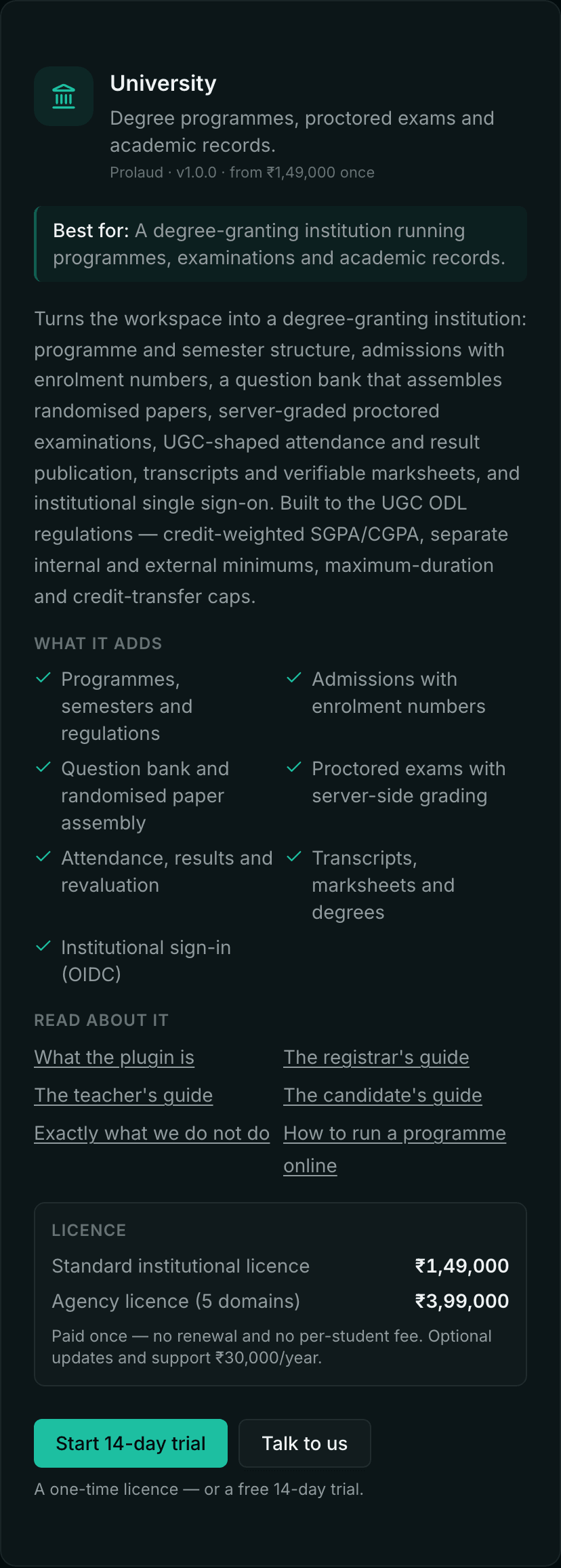 The plugin store showing the University card: its description, a list of what it adds, links to the documentation, the license tiers at ₹1,49,000 and ₹3,99,000, and buttons to start a 14-day trial or talk to us.