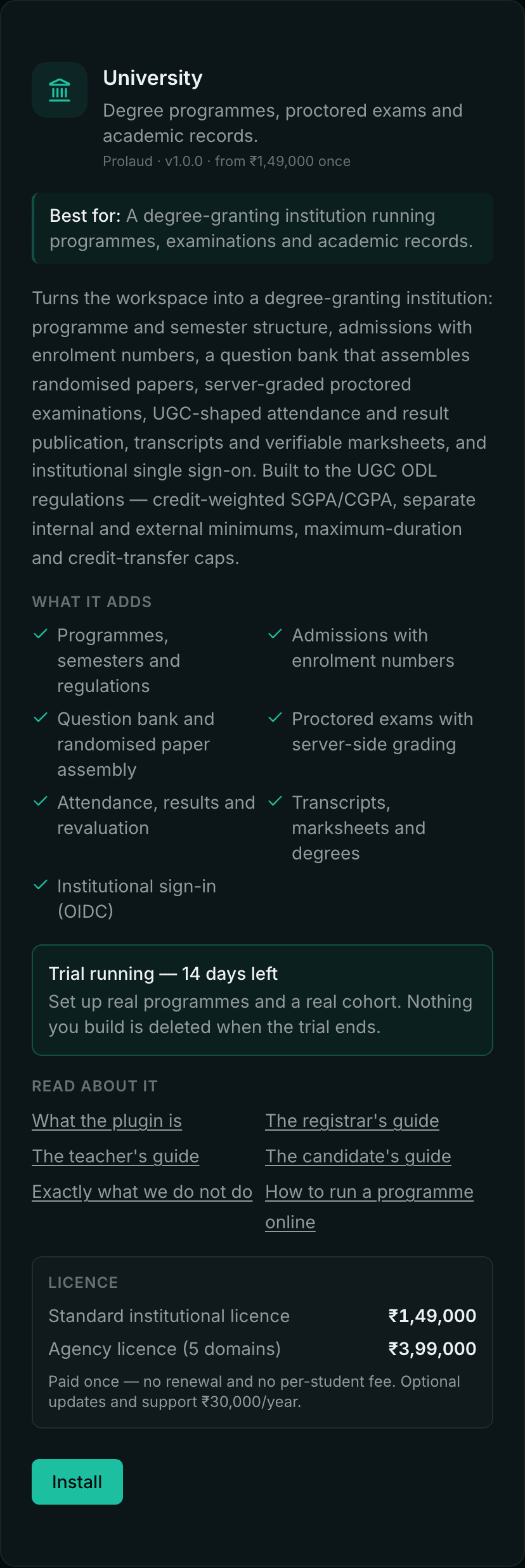 The University plugin card during a trial, showing a panel that reads 'Trial running — 14 days left' and a note that nothing built during the trial is deleted when it ends.