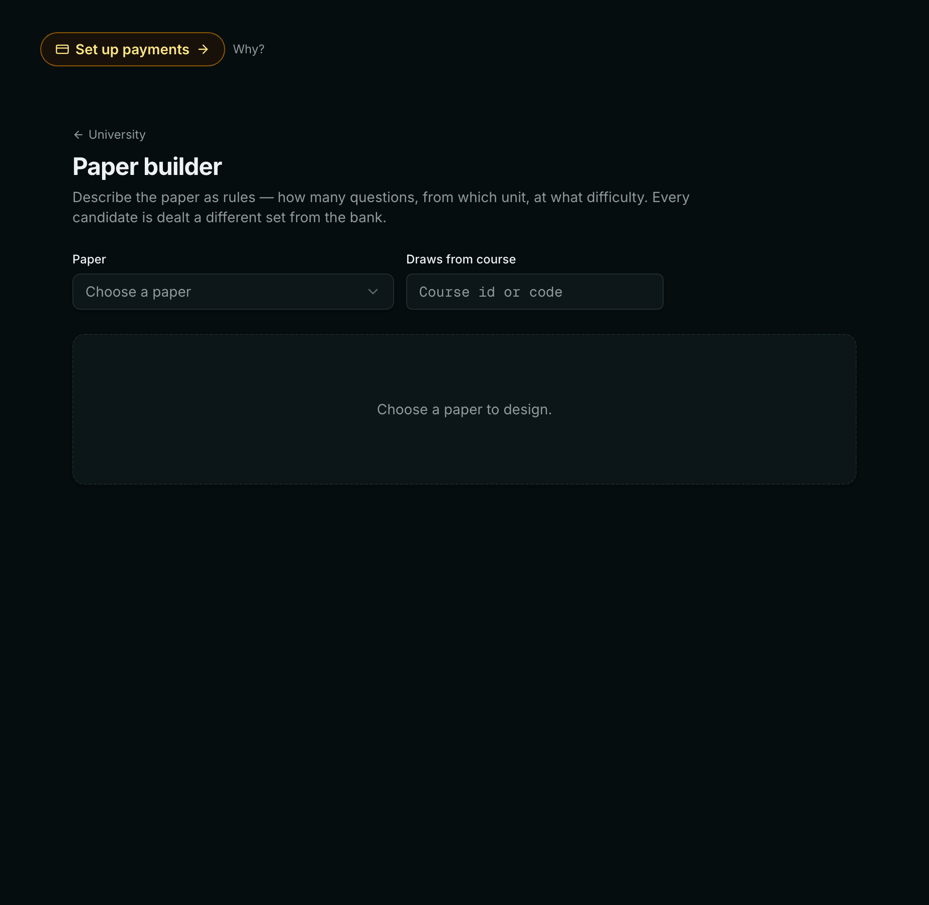 The Paper builder screen, where sections of a paper are defined by topic, difficulty and number of questions, and validated against what the question bank actually holds.