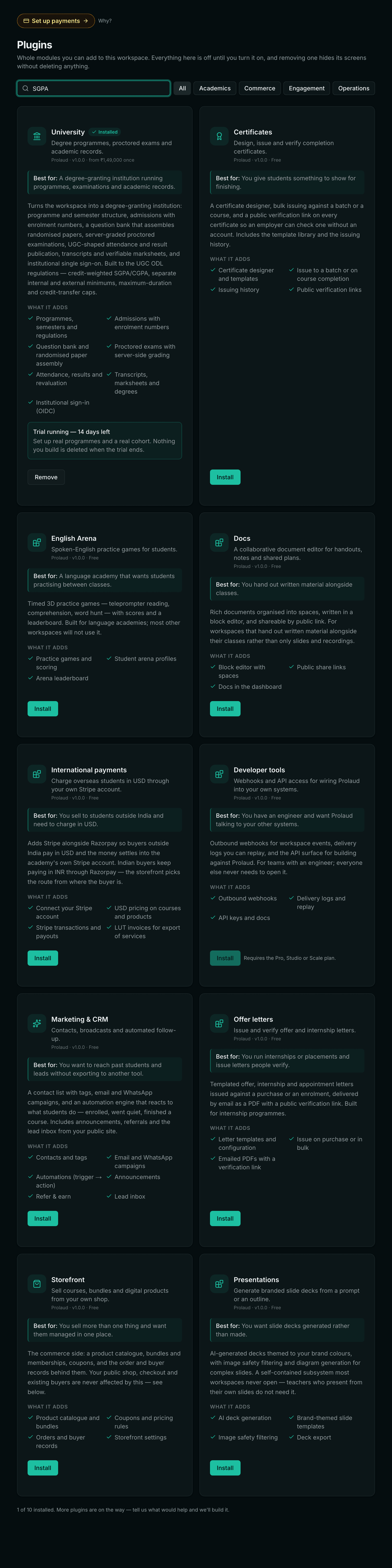 The plugin store with 'SGPA' typed into the search box, showing the University plugin as the only result.